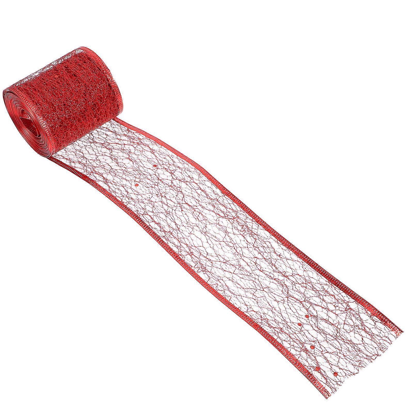 Glitter Web Mesh Ribbon 1 Roll For Christmas Gift Wrapping Classic Decorative Bowknot Making 600Cm Length Red Polyester