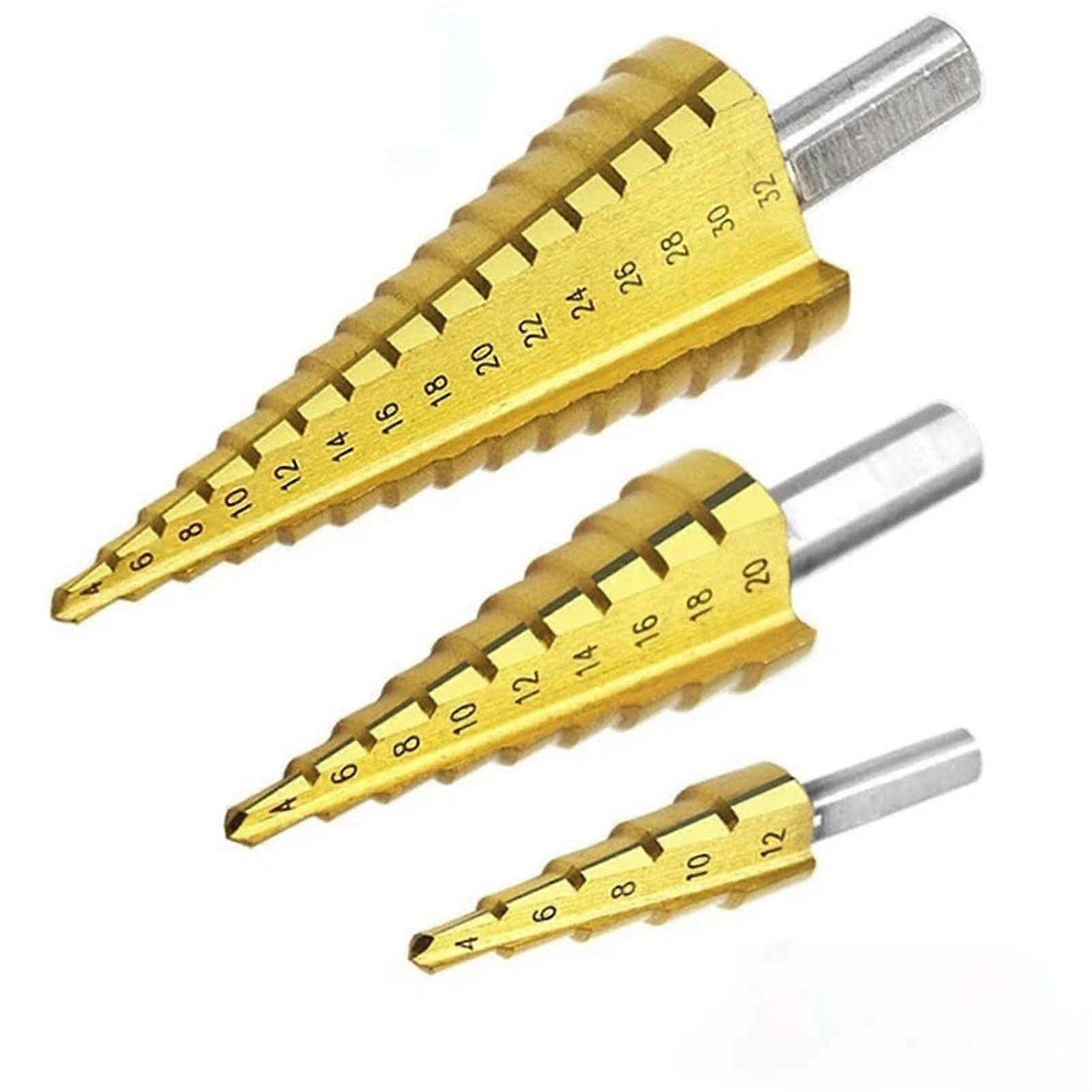 3-Piece Step Drill Bit Set, HSS Titanium, Sizes 4-12mm, 4-20mm, 4-32mm, Metal and Wood Compatible, Cone Drill