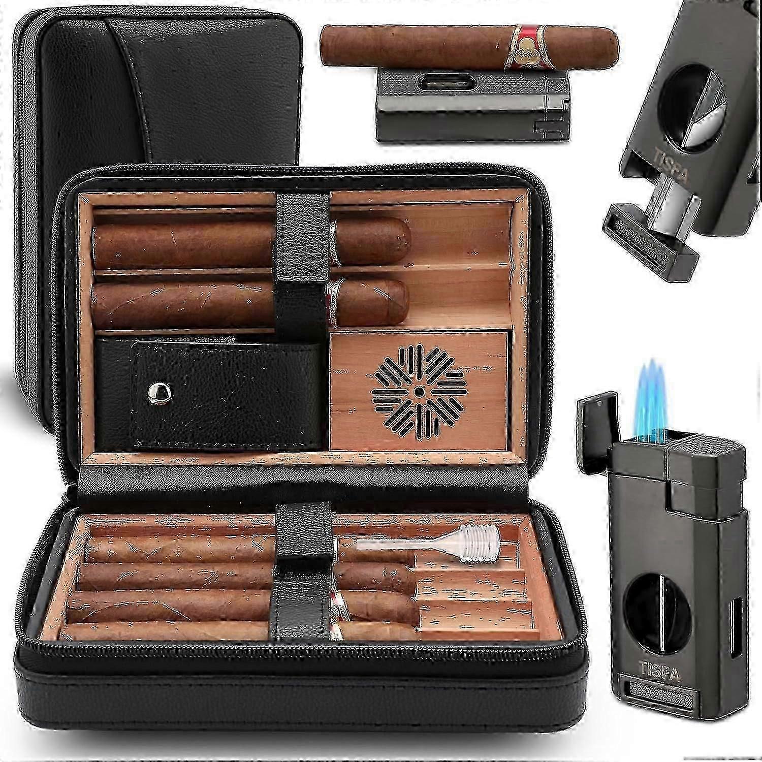 Cave à cigares portable en cuir avec bois de cèdre, comprend un briquet, un cutter et un support Ensemble 3-en-1