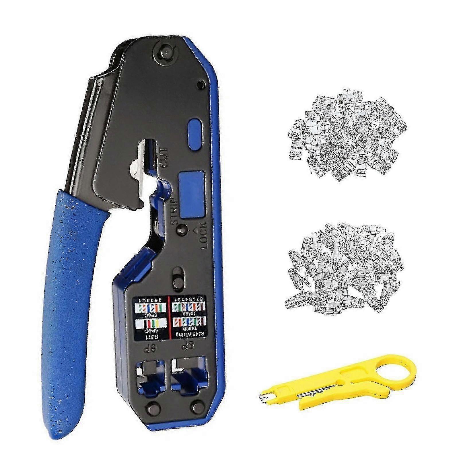 Rj45 Crimp Tool Set All-in-one Stripper Cutter With 50 Pc Cat6 Pass Through Connectors 50 Pc Rj45 C