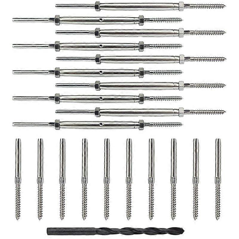 10 Pairs Lag Screw Swage Turnbuckle Tensioner and Lag Screw Stud Fitting for 1/8inch Cable Deck Railing Kit
