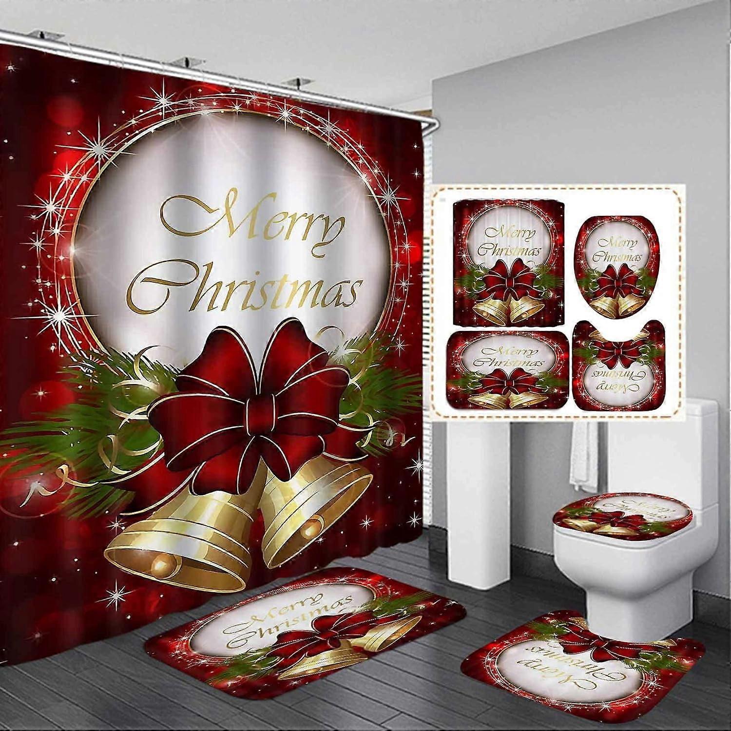4PCS Christmas Shower Curtain Set with Gnome, Pine Twigs, Red Balls & Snowflakes - Includes Non-slip Bath Mat