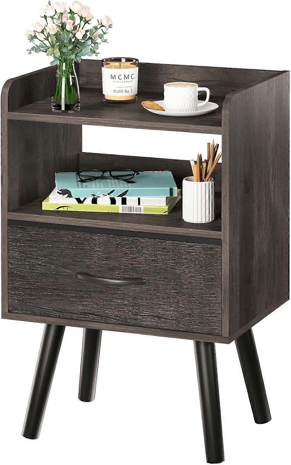 Modern 2-Tier Nightstand with Fabric Drawer, Mid-Century Bedside Table, Wood Night Table for Bedroom, Open Storage Shelf, Small Nightstand