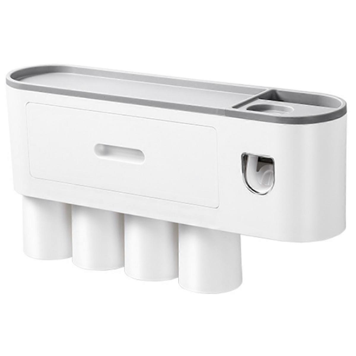 A Wall-Mounted Toothbrush Holder with 4 Cups, A Large Tray, and 1 Makeup Drawers.