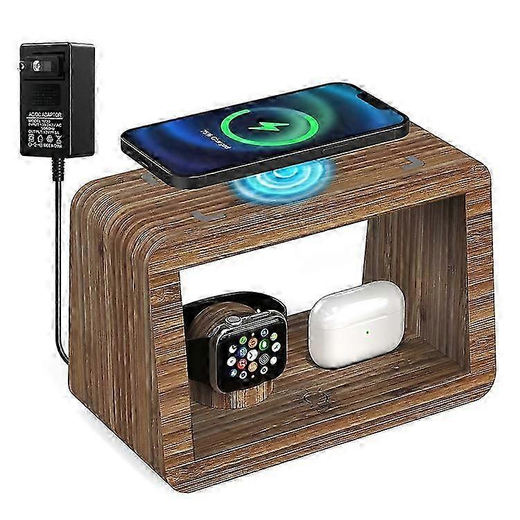 DCR-028 Bamboo 5-in-1 Wireless Charger Mobile Phone Charging Stand with Digital Alarm Clock, Night Light, Desktop Smart Watch Char