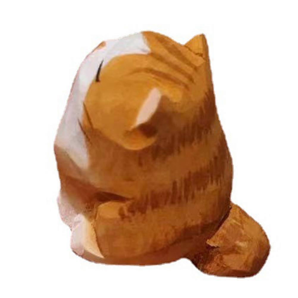 Decorative Wooden Cat Sculpture 2Pcs Handmade Orange Cat Figurines Set