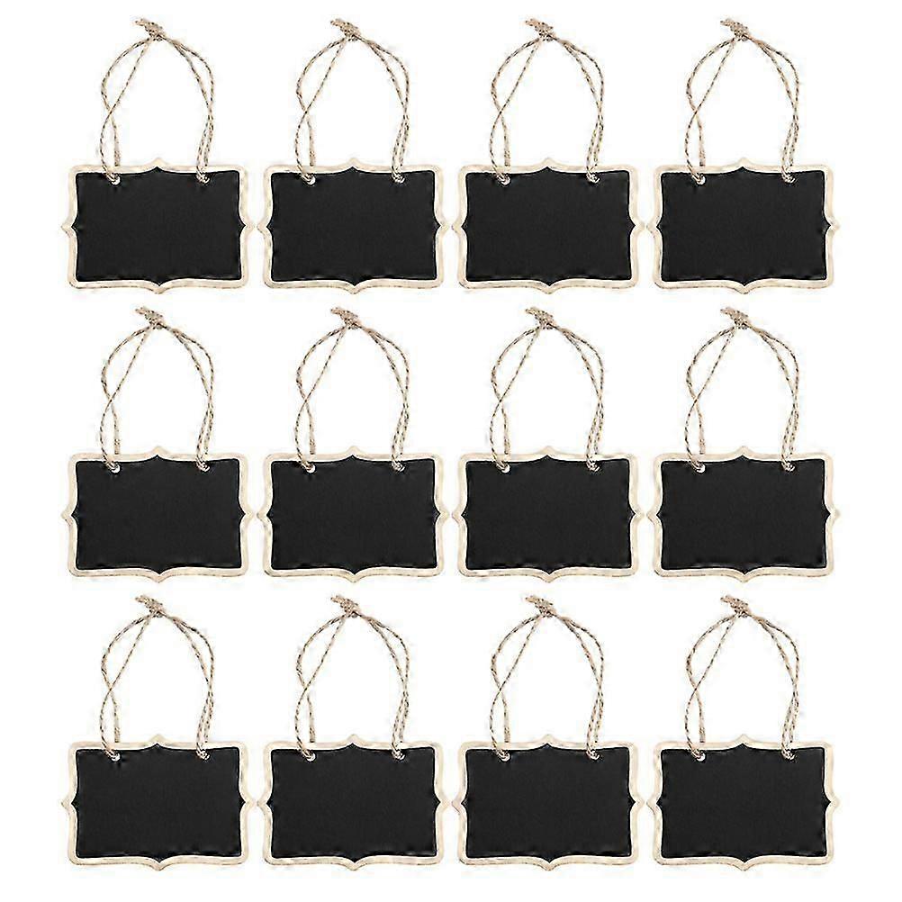 12 miniature wooden chalkboard tags with string for children, ideal for notes and as chalkboard signs.