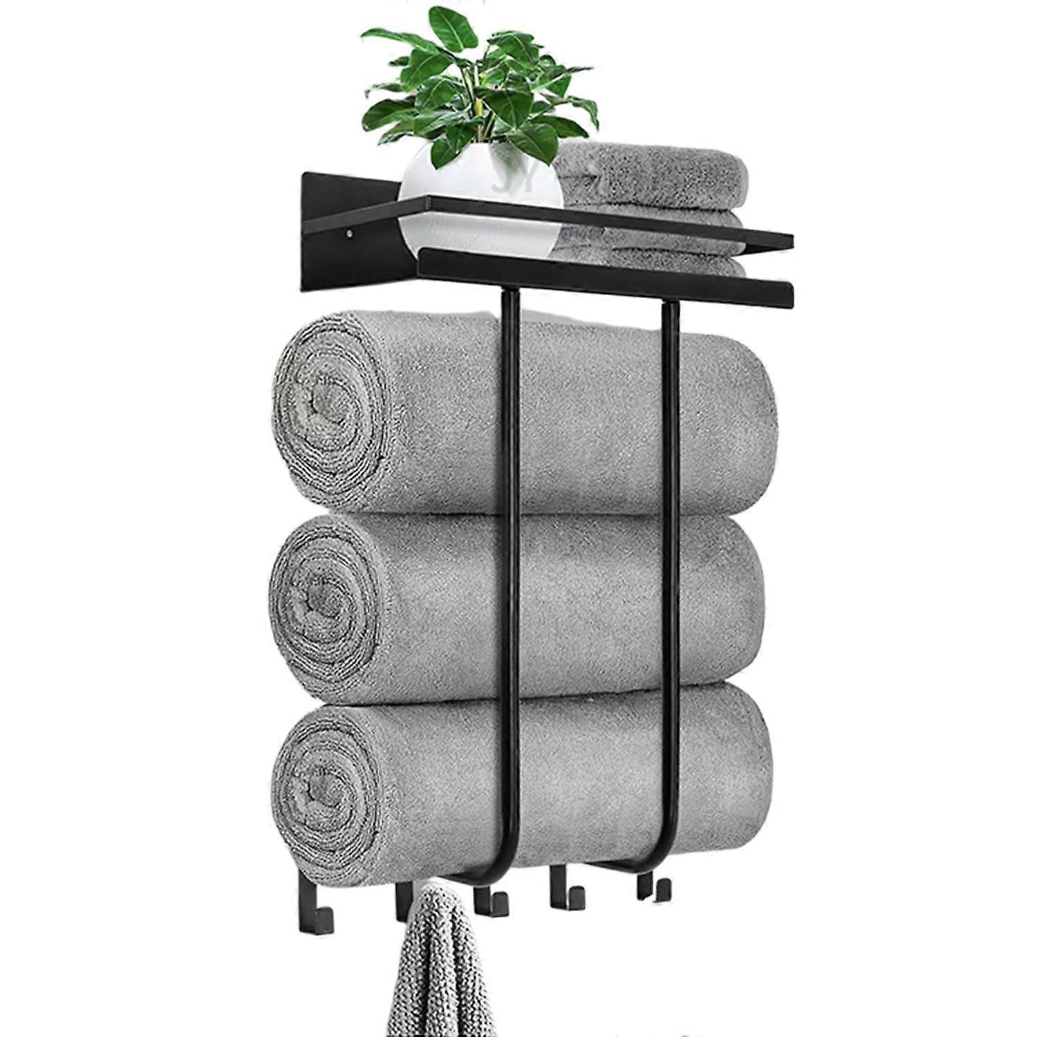 Bathroom Towel Rack Wall Mounted with Metal Shelf and 5 Hooks for Storage Holds 3 Large Towels