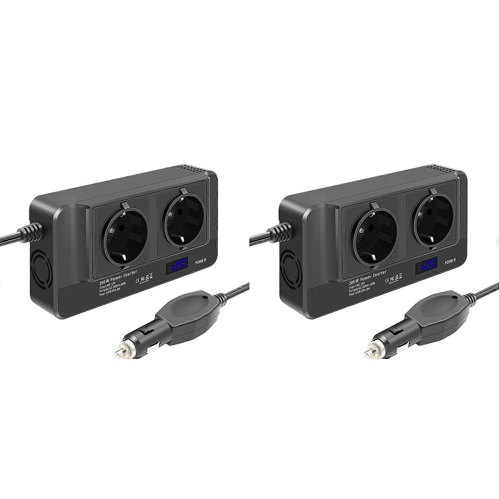 2X 200W Inverter, Voltage Converter 12V to 220V with Smart Time Display LCD, 2 Sockets and 4 USB Car Chargers (EU Plug)