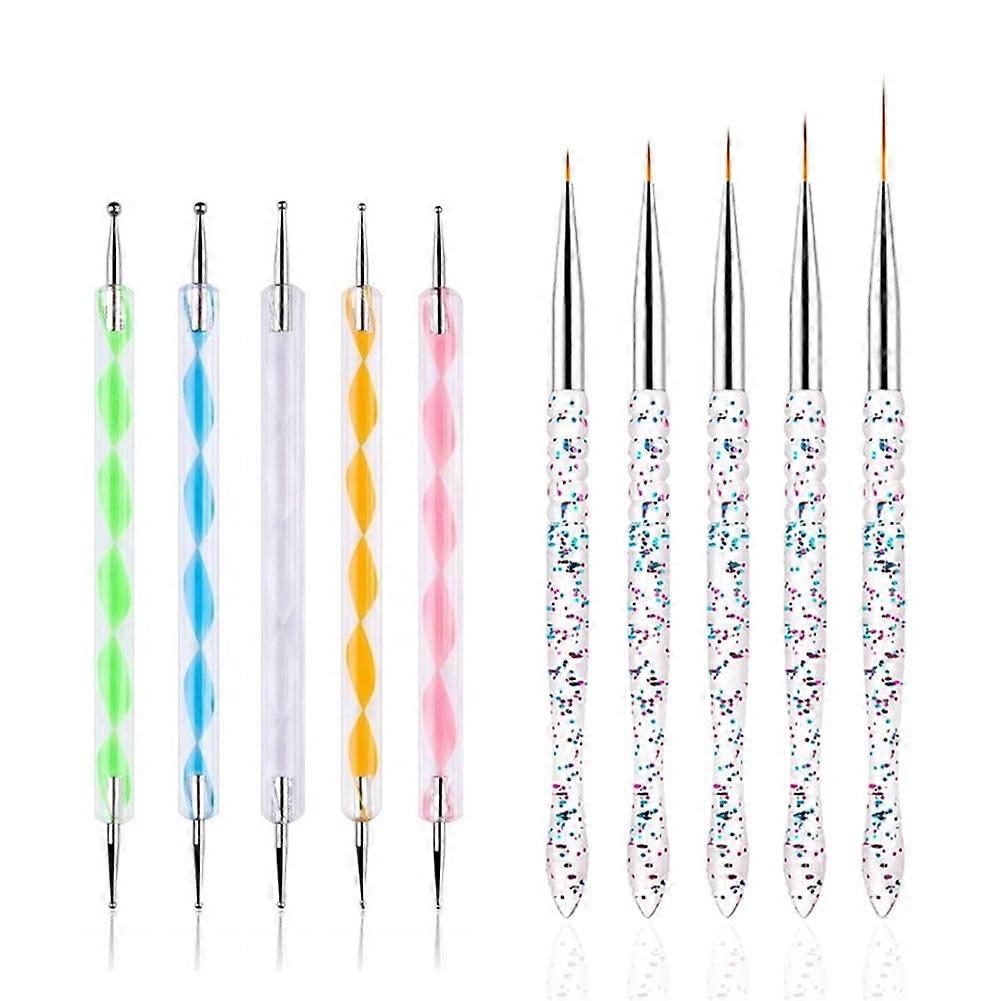 Nail Art Tools Set with DualEnd Dotting Pens and Precision Liner Brushes, 10 Pcs Multiple Tip Sizes