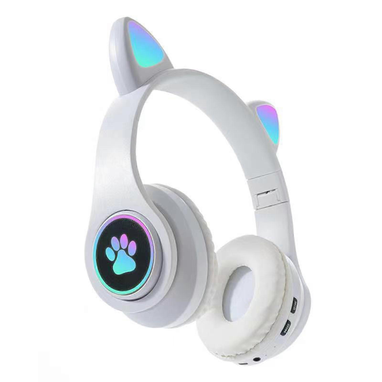 Wireless OverEar Headphones With Microphone, Bluetooth Cat Ear Headphones, Foldable, TF Card Mode, White
