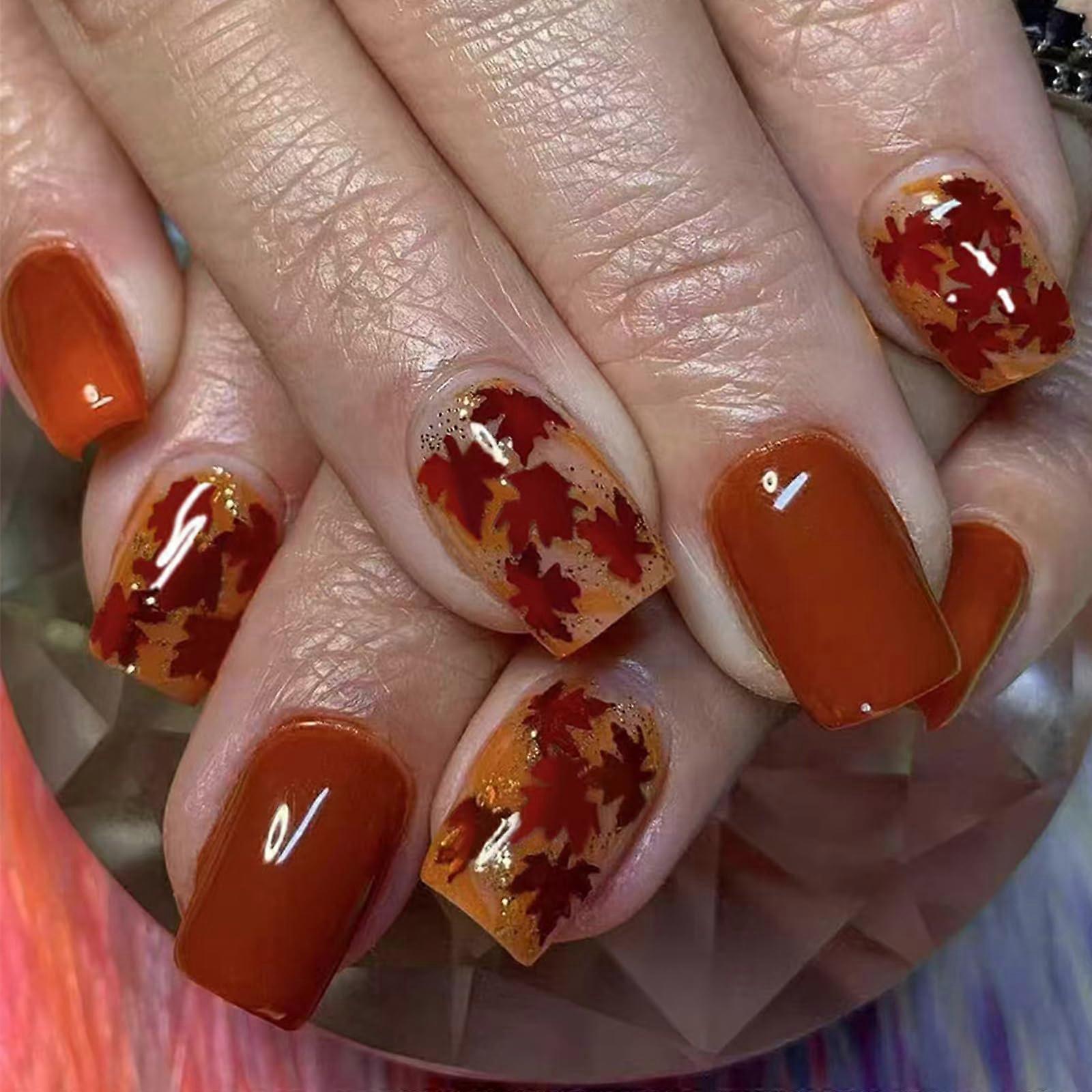 Fall Press On Nails Square Acrylic Fake Nails with Maple Leaf Design Autumn Style 24Pcs
