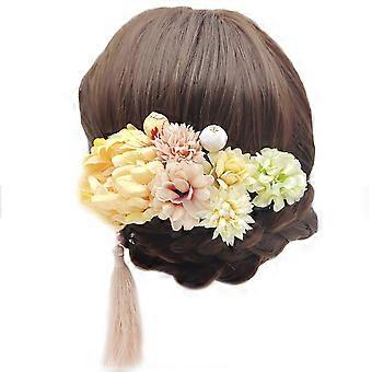 9pcs Japanese Kimono Real Flower Hair Pins Kanzashi Hanfu Bridal Hair Accessories Yellow