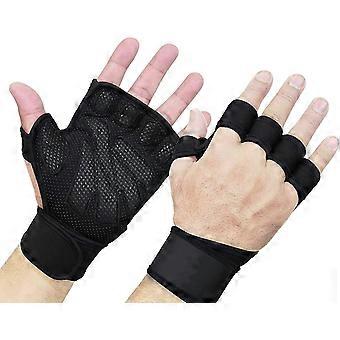 Leather Padded Gym Gloves with Wrist Wrap - Non-Slip & Ventilated - for Weightlifting, Pull-ups, Workout, Roller Skating, Women & Men L