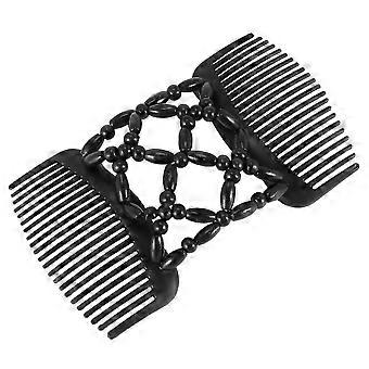 SNDO-Double Beaded Hair Comb Beads Elasticity Hairpin Stretchy Hair Combs For Women Hair Accessories Bla