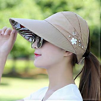 Sun Visor Hat Large Brim Summer Uv Protection Cotton Foldable Lightweight Beach Cap For Women Khaki