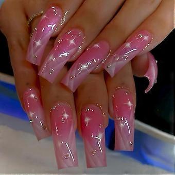 Pink Glitter Press on Nails with Rhinestones Long Square French Tip Glossy Full Cover Fake Nails