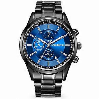 BINBANG Men's Sports Watch Black Steel Strap Blue Dial 3 Sub-dials Luminous Waterproof Student Fashion JY