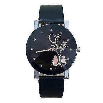 Matching Couple Design Leather Strap Quartz Watch, Black Back View Pattern for Women