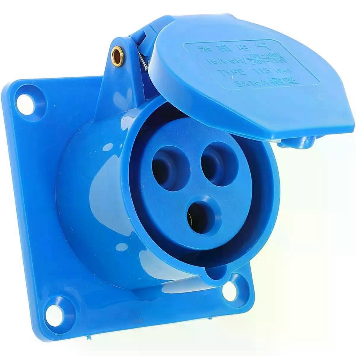 3-Pin 16A Blue PP Panel Mounted Power Socket for Caravan
