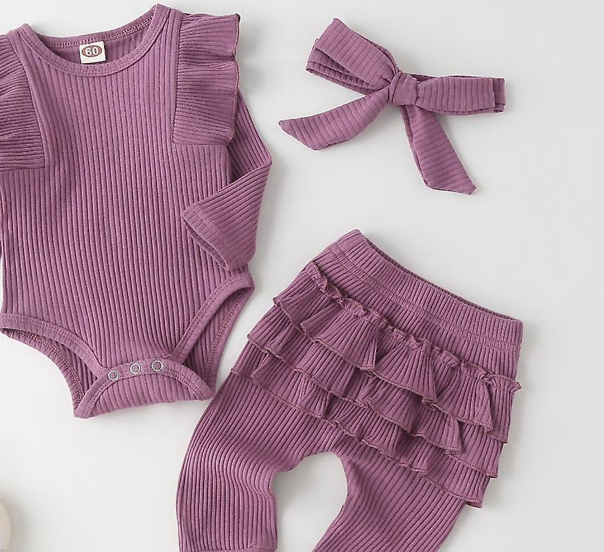 Pxcl תינוק תינוק ילדה בגדים שרוול ארוך סרבל רומפר קפלים בגד גוף מכנסי פרח סט עם סרט ראש בייבי סט 3 חלקים