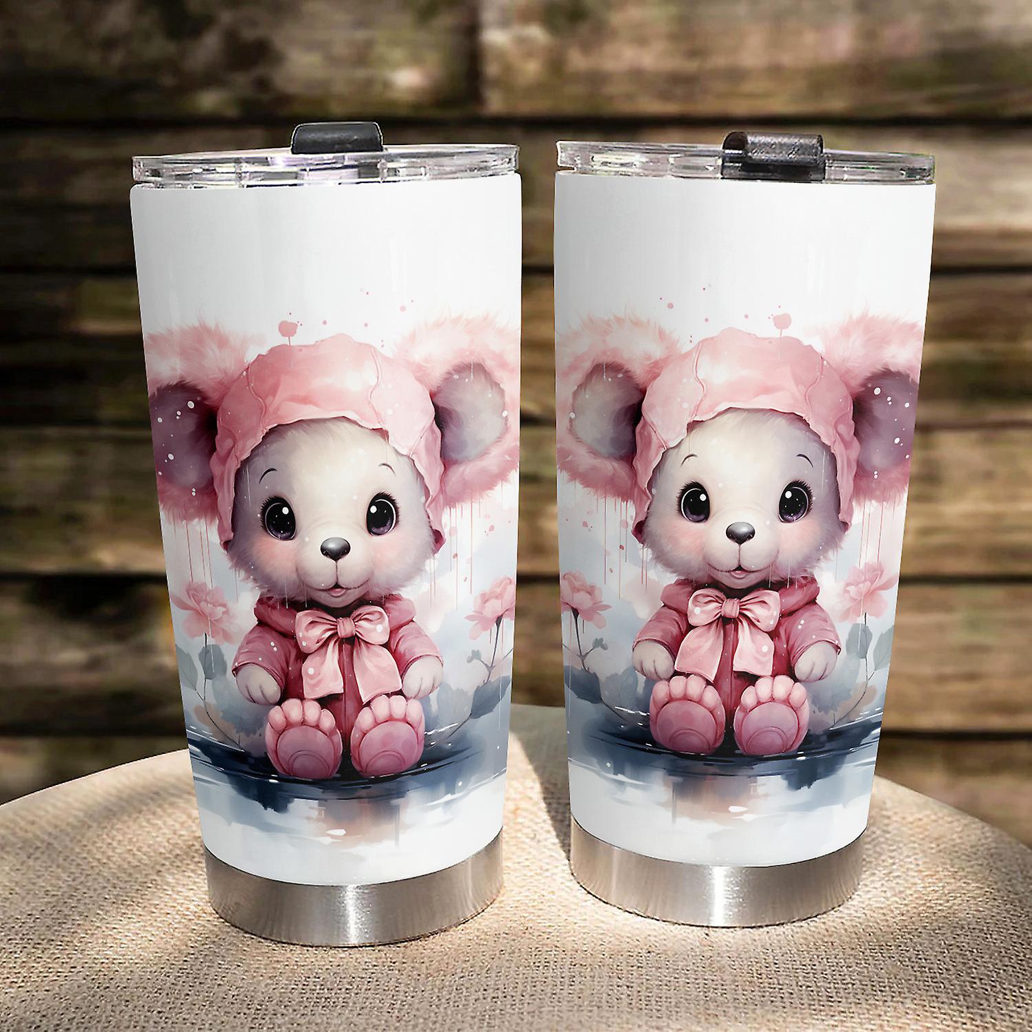 Oasisdream 20oz Pink Cute Bear Coffee Tumbler Insulated Travel Coffee Double Wall Vacuum Insulated Cup for Water and Coffee