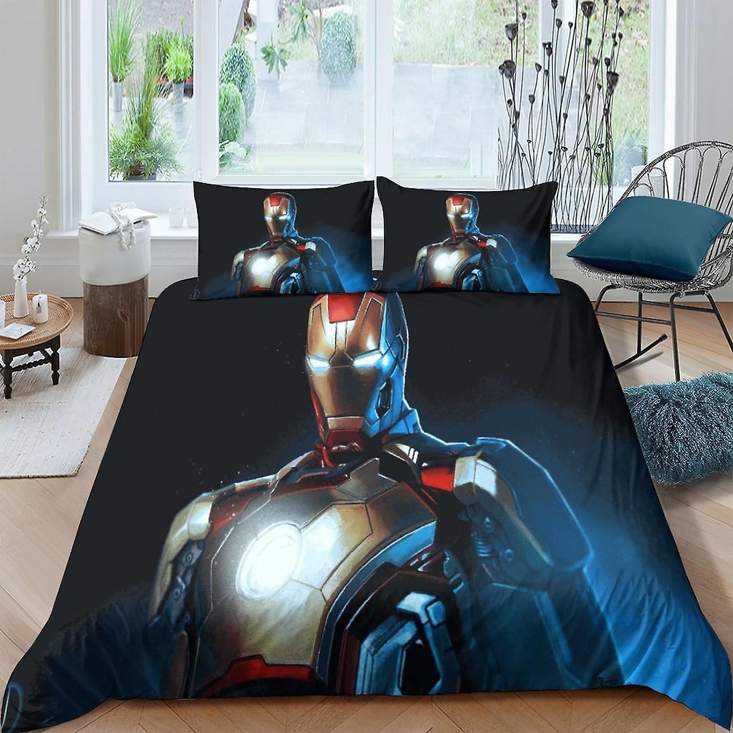 Iron ManBedding Quilt Duvet Cover Set Pieces Soft Microfiber with Pillowcases Bedding Iron Man Marvel Quilt Cover with Zipper Closure for Kids Teens A