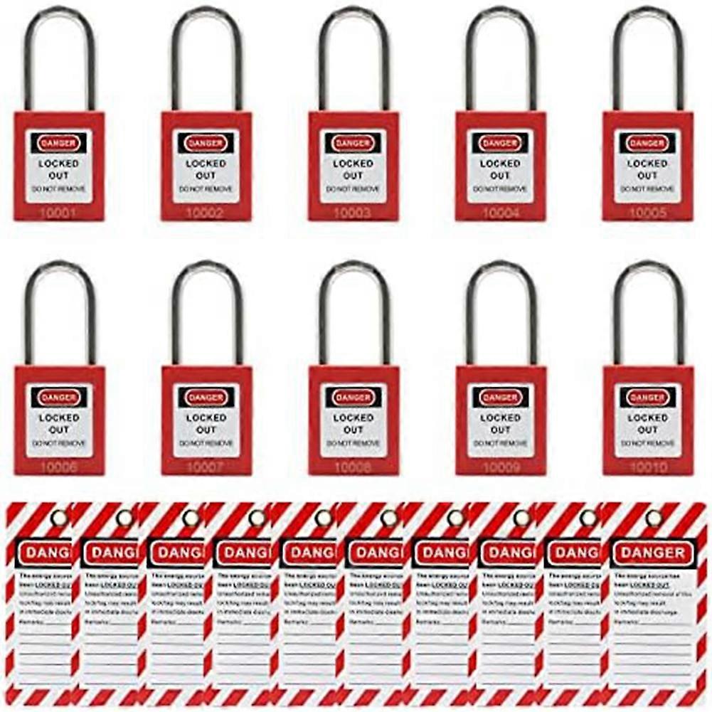 10 Red Lockout Tagout Locks with 10 Lock Out Tag Out Tags, Keyed Different,Compliant Safety Locks(R
