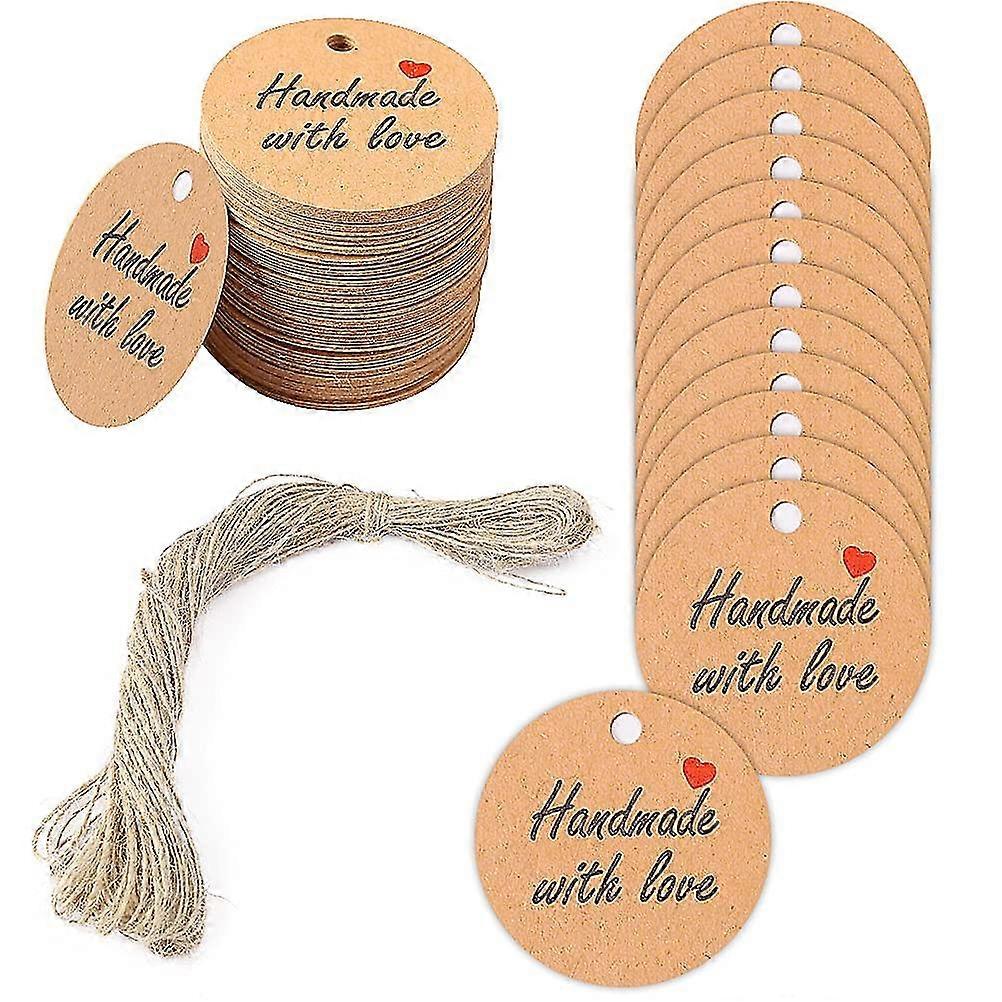 100pcs תגי מתנה, עבודת יד עם תגי אהבה קראפט נייר עגול מתנה תגיות כרטיס מלאכה תגיות עם מחרוזת