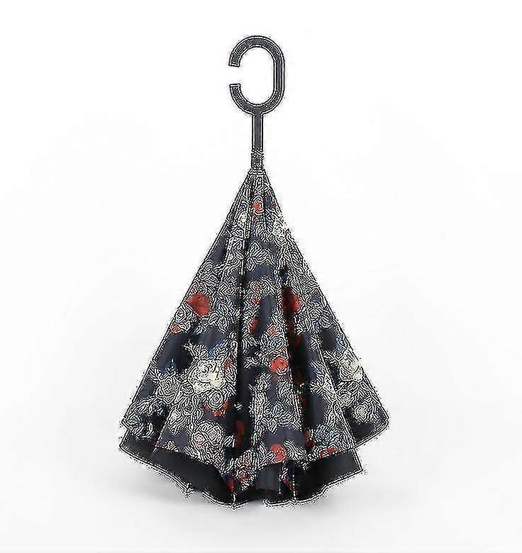 C- Parasol Folding Rain Windproof Umbrella Double Layers Inverted Reverse--pony Flower