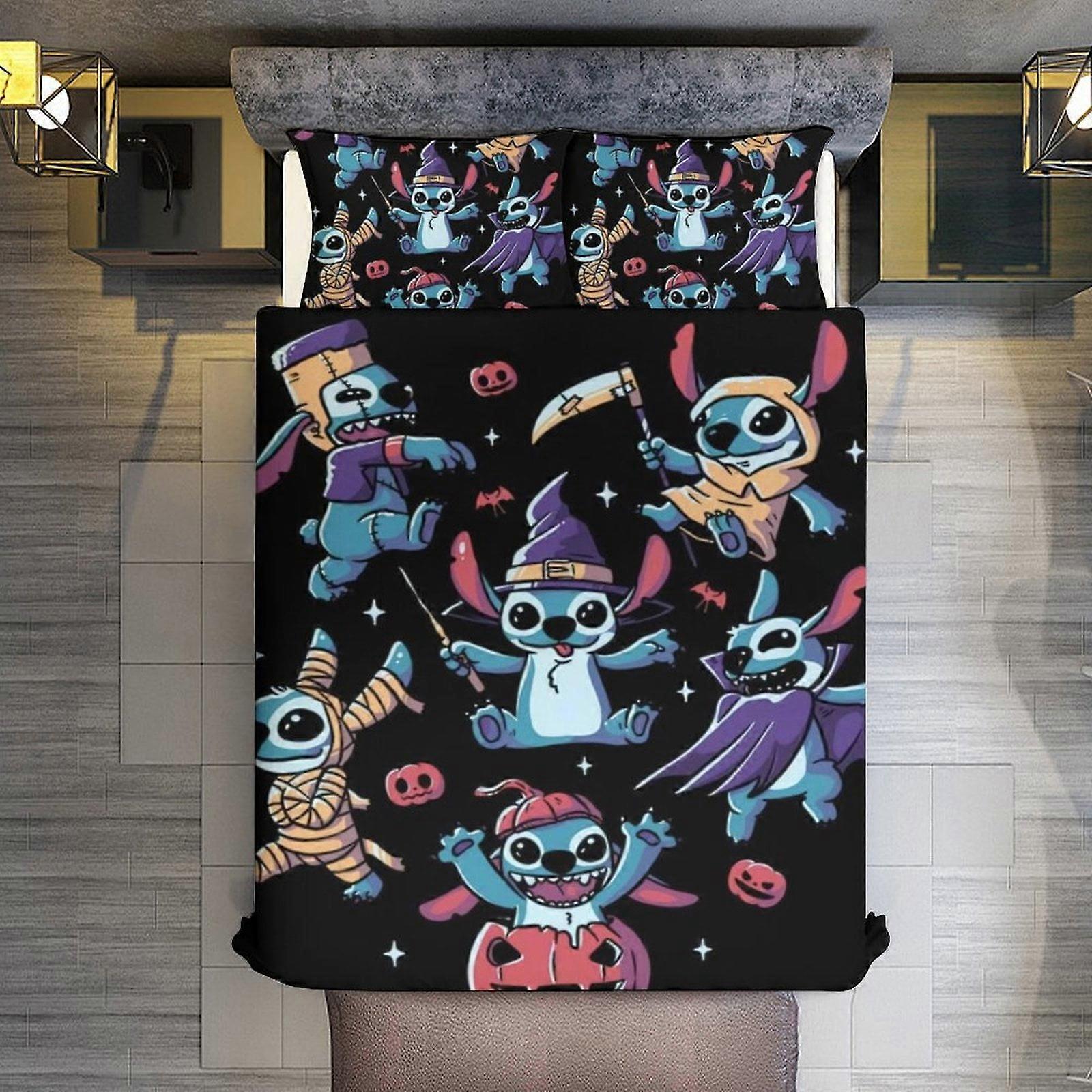 v131  Bed Sheets Bedding Halloween Stitch Pumpkin 3 Piece Sets Full/Queen Size - Reversible Microfiber Quilts with Shams Soft Lightweight Bedspread Co