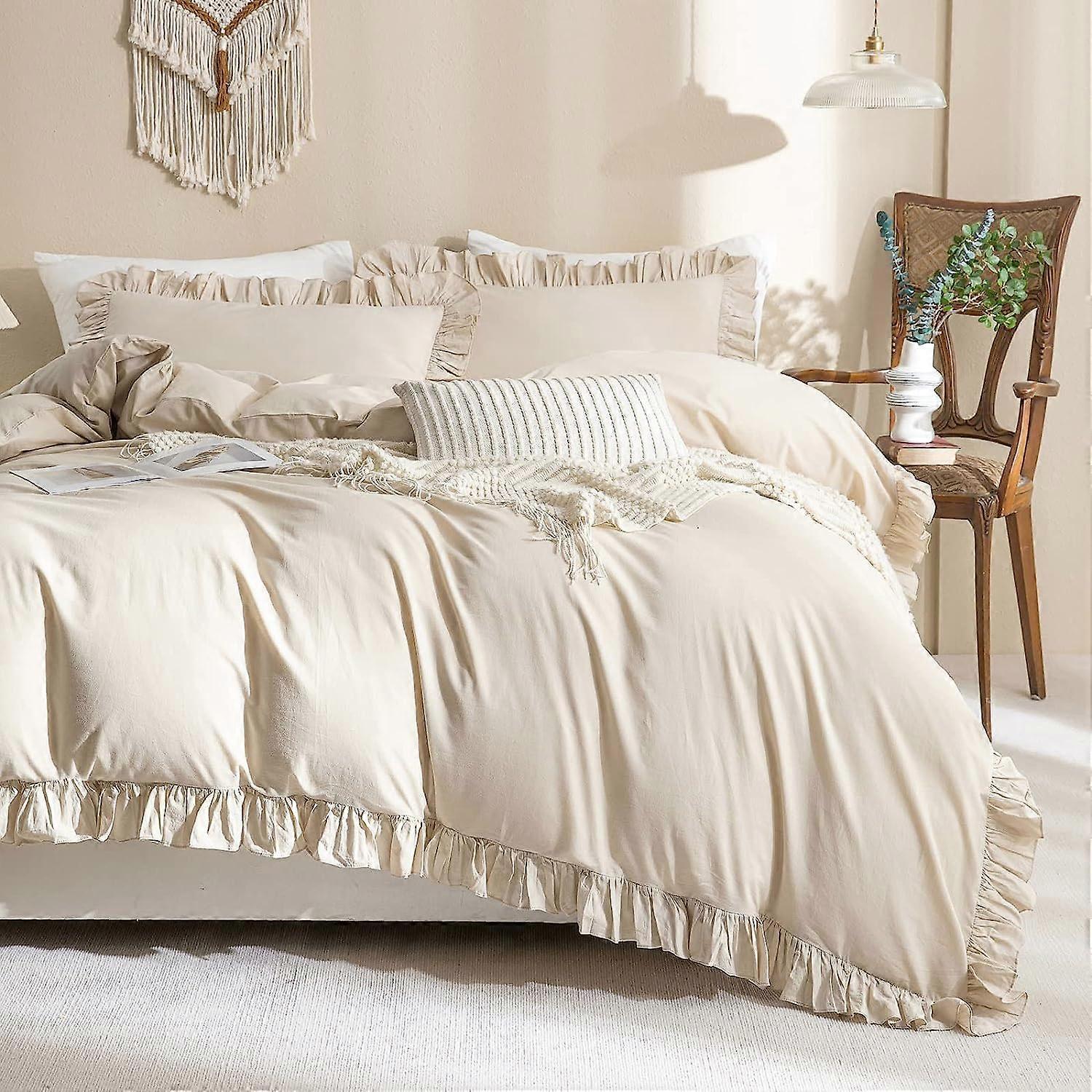 3 Piece Bedding Ruffles Beige Romantic Ruffle Bedding Set