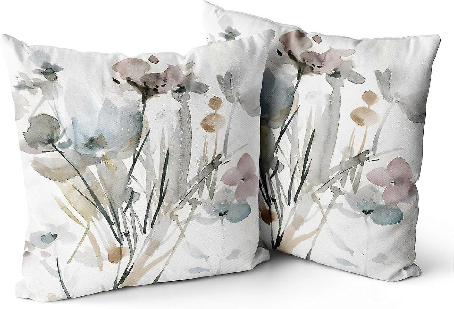 브라운 크림 그레이 청록색 꽃 베개 커버 수채화 꽃 소파 베개 케이스 소박한 추상 현대 던지기 베개 2 개 세트 농가 가정 장식