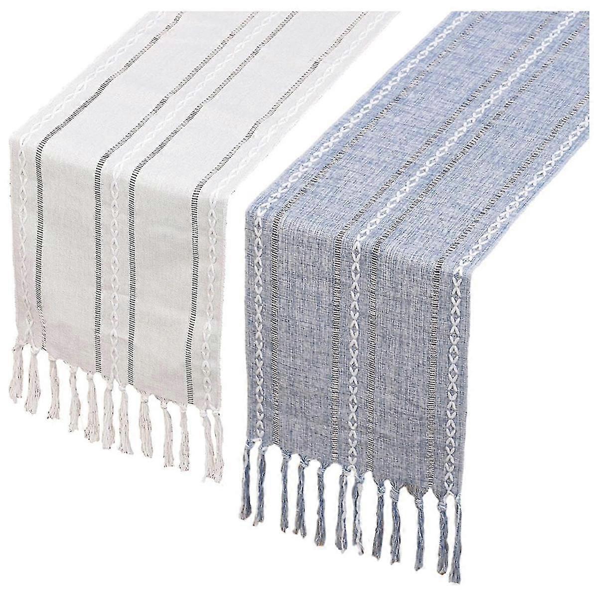 Table Runner 2pack 13 x 78 tommer Linned Boho Table Runner, flettet stribet løber til spisefestferie