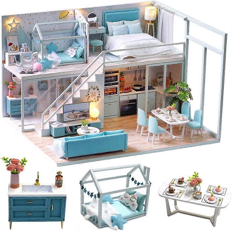 带家具的玩具屋微缩模型,DIY 木制玩具屋套件加上防尘和音乐运动,1:24 比例创意室创意