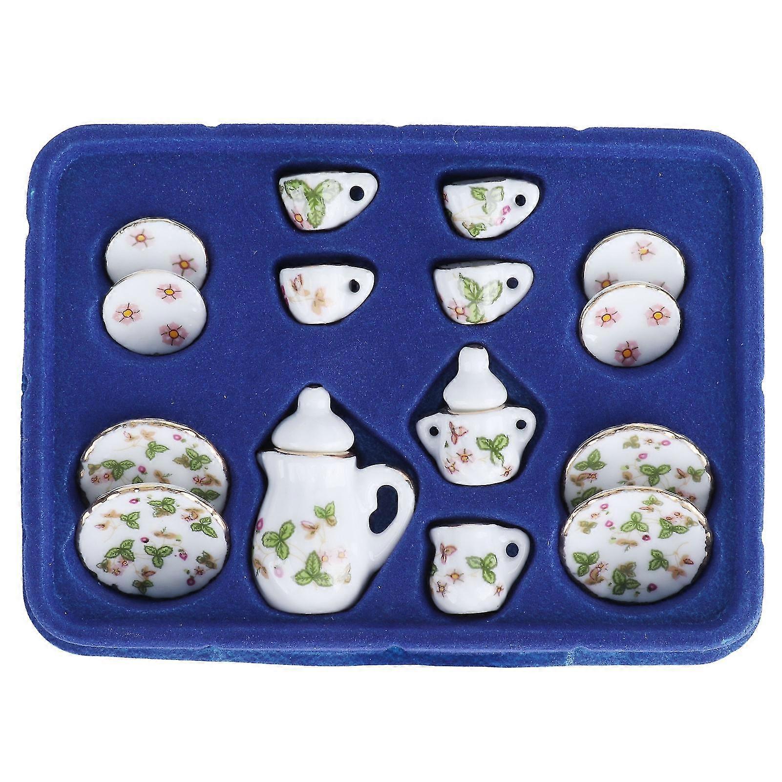 Clover Pattern Ceramic Miniature Dollhouse Tea Cup Set 112 Scale - 15pcs