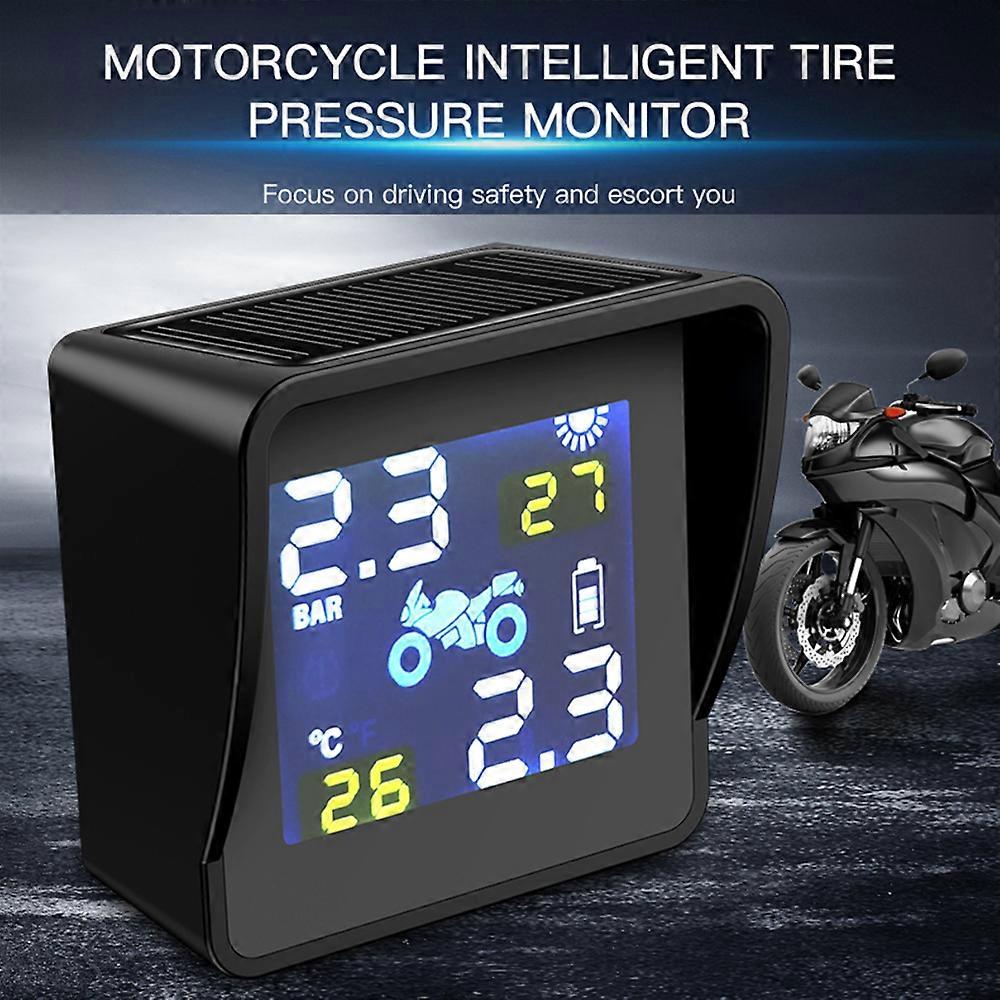 Wireless Solar LCD Motorcycle TPMS IP65 Waterproof Tire Pressure Temperature Monitoring Alarm System with 2 External Sensors