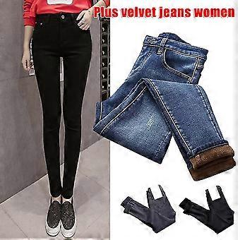 Women High Waist Thermal Jeans Fleece Lined Denim Pants Stretchy