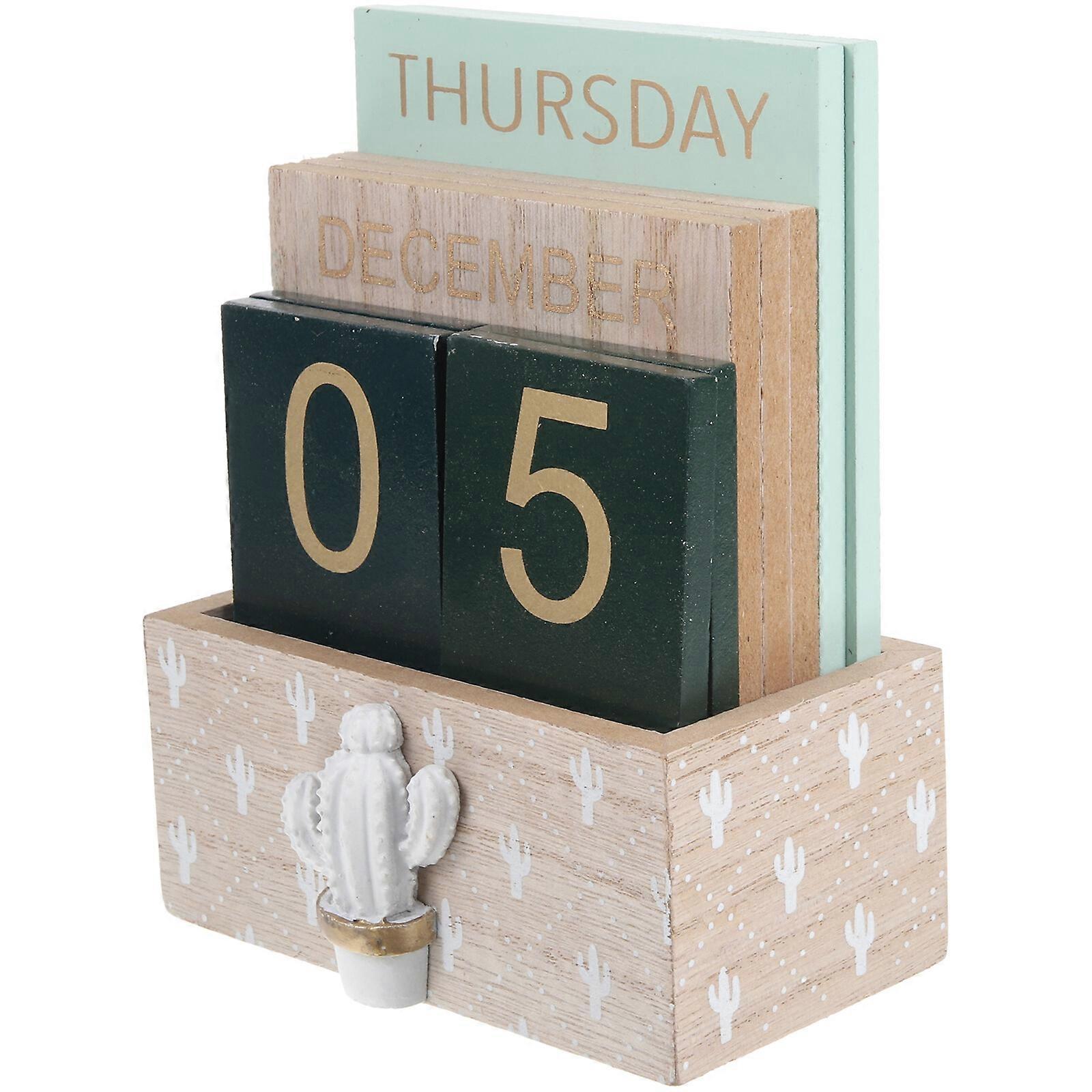 Perpetual Calendar Rustic Wooden Block Calendar for Home Office Desktop
