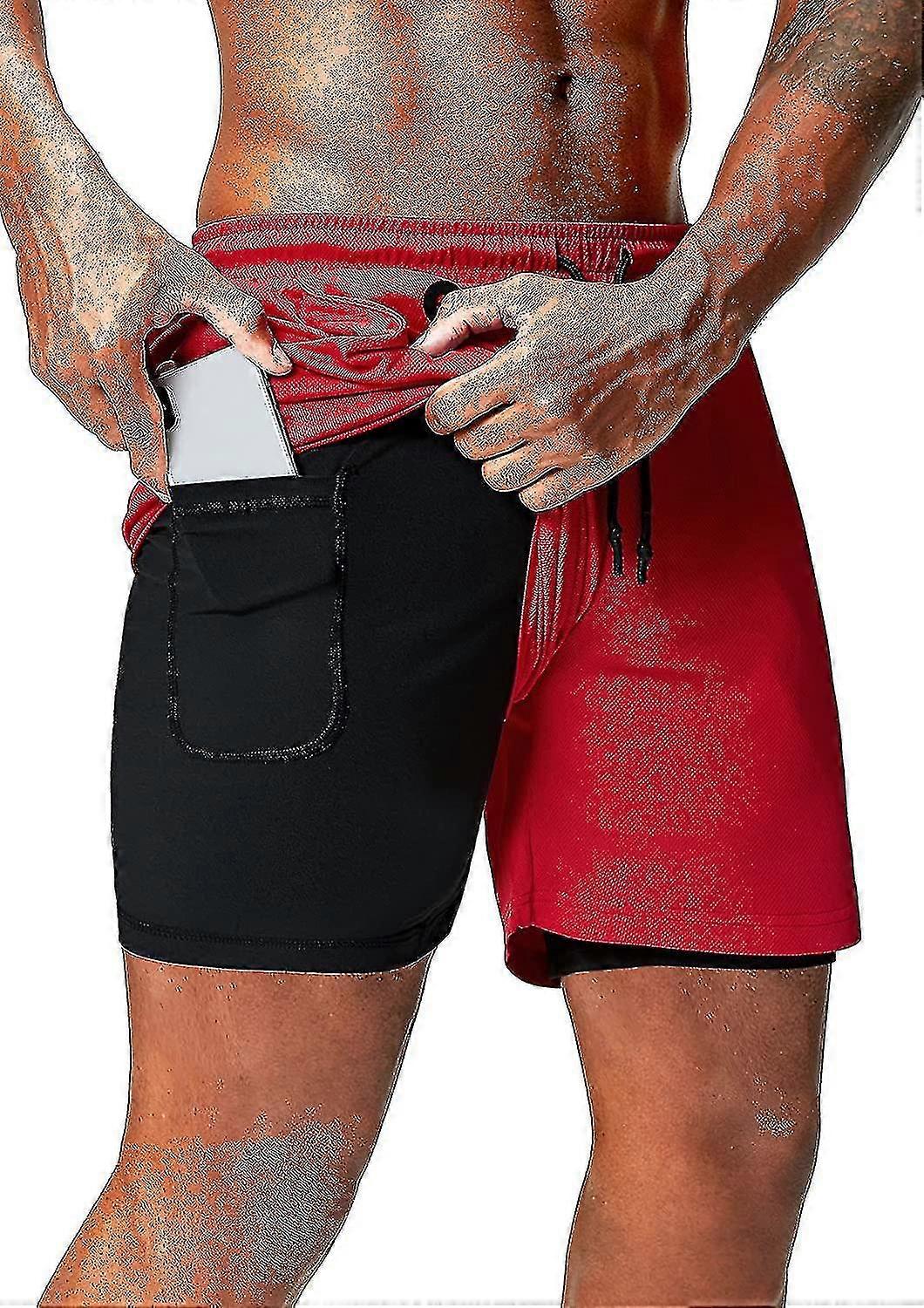 2 en 1 shorts de course avec téléphone poche gymnase entraînement short sec pour hommes 5 pouces