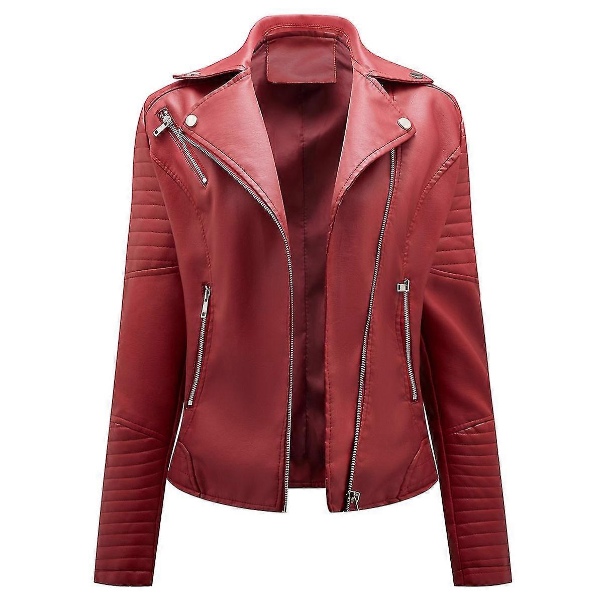 Naiwang Women's Solid Color Lapel Casual Cropped Slim Leather Jacket