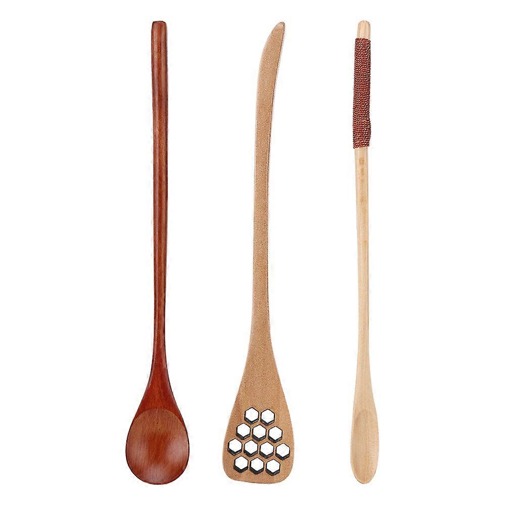 Wood Stirring Spoon Set of 3 Long Handle Unique Shape Slotted Spoons for Coffee Milk Honey Mixing Cooking