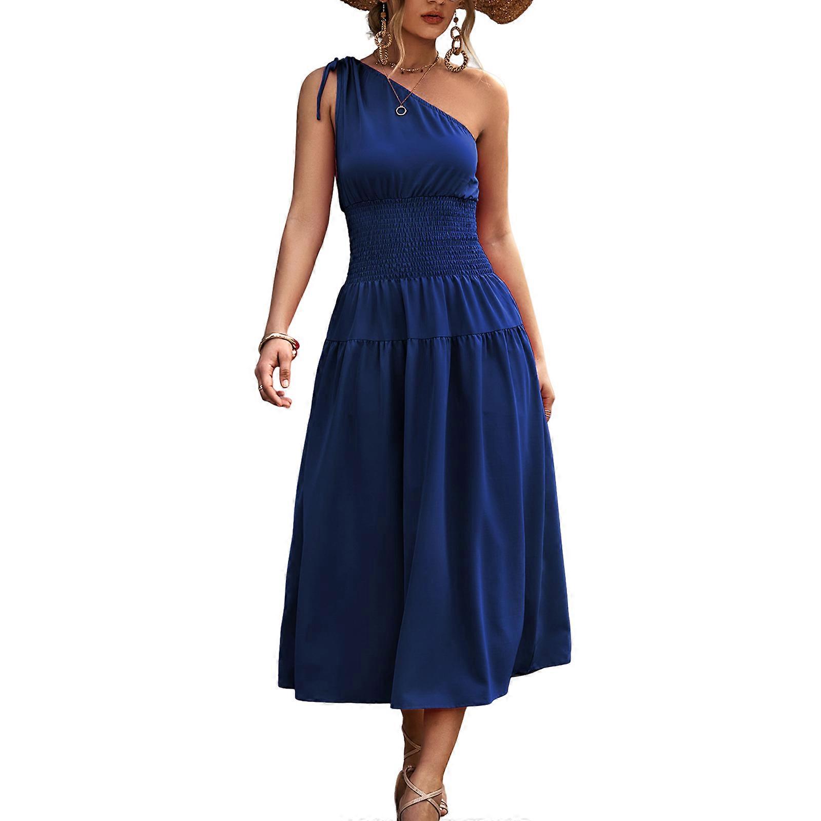 sachin and babi light blue dress Gymystars One Shoulder Evening Dresses Women's Fashion Pleated Long Dress  Summer Asymmetric Contrast Color Casual Party Dress