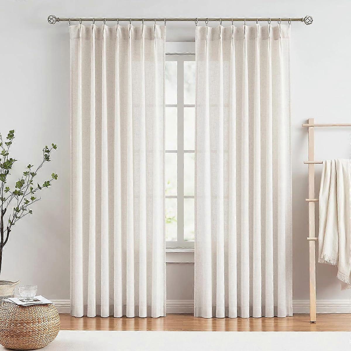 Natural Pinch Pleated Linen Curtains Boho Neutral 40 x 84 Inches 2 Panels Semi Sheer Back Tab With Hooks