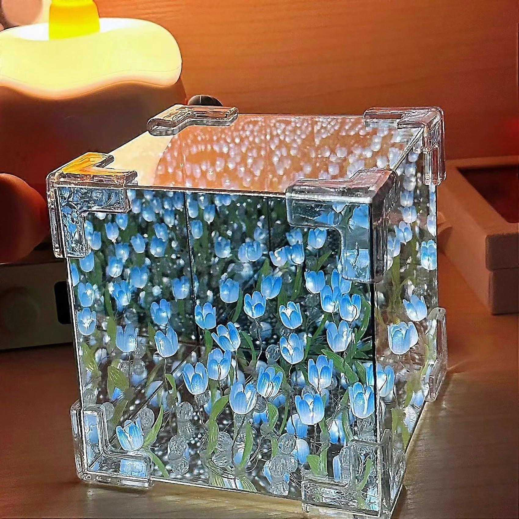 Finished Cube Tulip Mirror Lamp LED Handmade Simulated Tulip Table Lamp DIY Creative Cube Night Light Blue