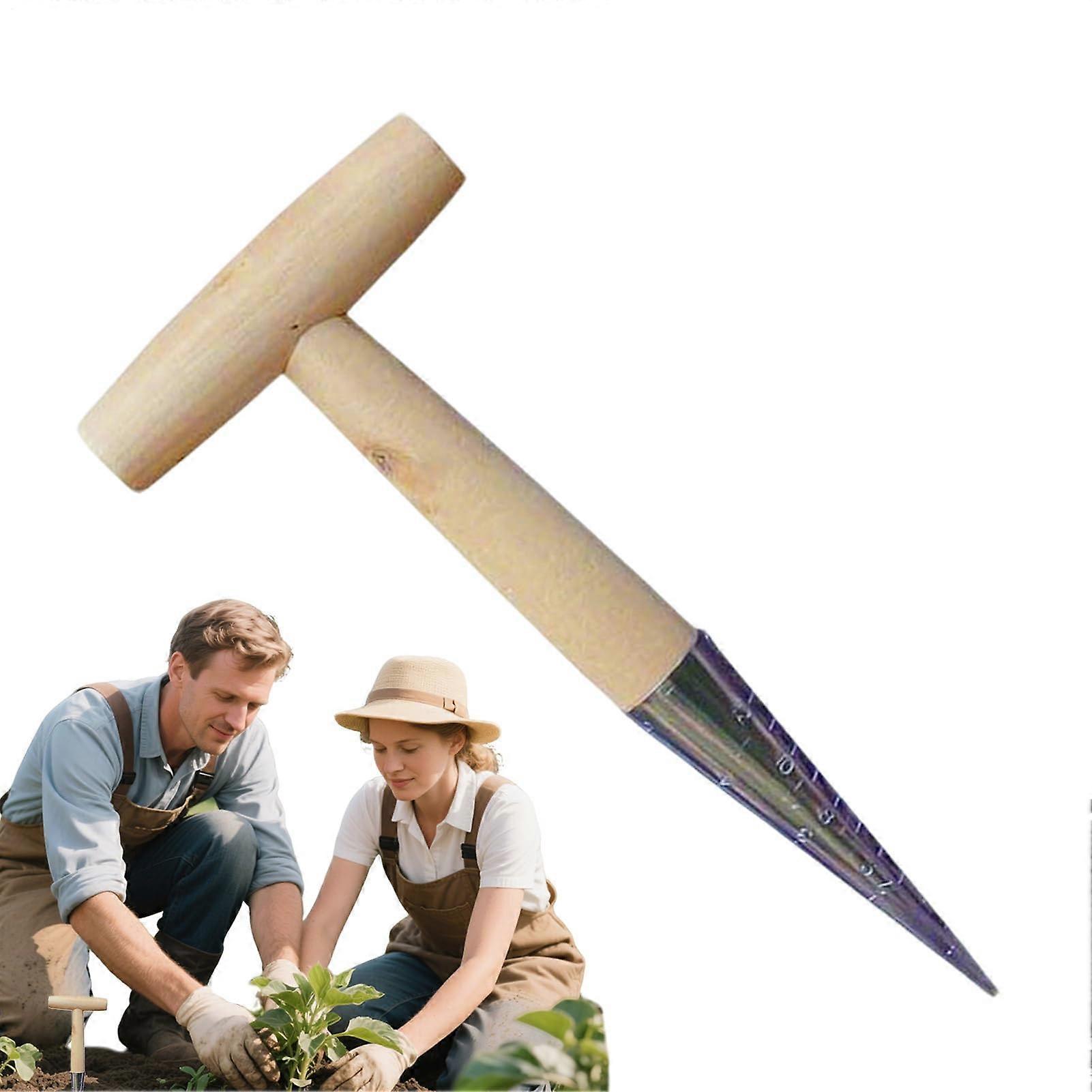 T-Shaped Handheld Hole Punch Dibbler with Wooden Handle for Planting Tomatoes, Cucumbers, Carrots in Garden or Greenhouse