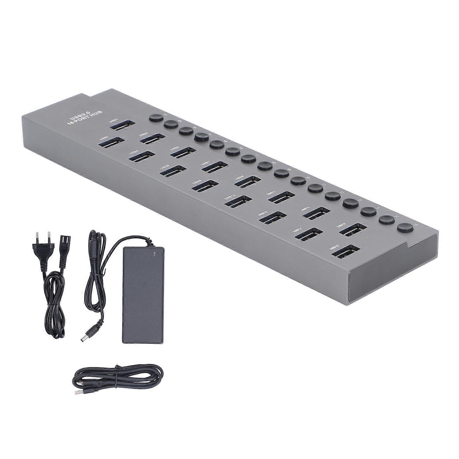 16-Port USB 3.0 Hub, 5Gbps High Speed Transmission, Industrial Aluminum Alloy, with Individual Power Switches, EU Plug 100-240V