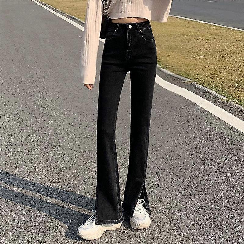 Spring Autumn Women's High-waist Jeans Pants Slim All-match straight Casual Wide-leg Split fork Denim Trousers