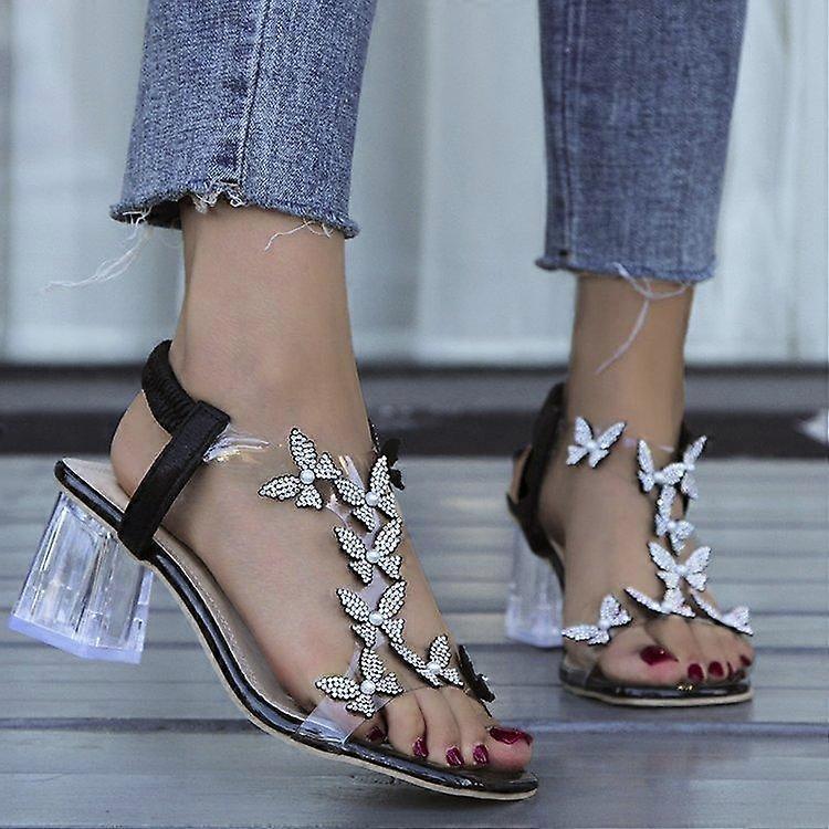 Women's Flower Rhinestone Decor Sandals, Square Toe Elastic Band Transparent Chunky Heels, Fashion Going Out Summer Sandals