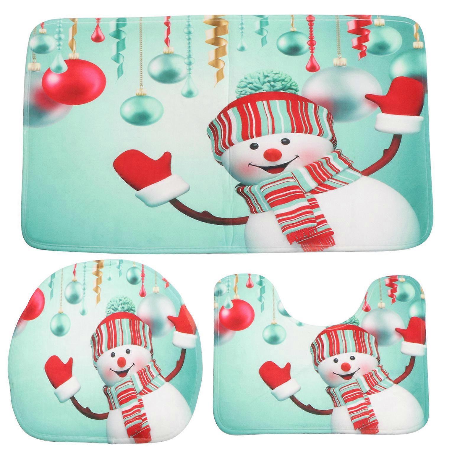 Washable Bath Mats For Bathroom Flannel Non-slip Easily Cleanable 3Pcs Green Snowman Rugs Set Contour Mat Toilet Seat Lid Cover